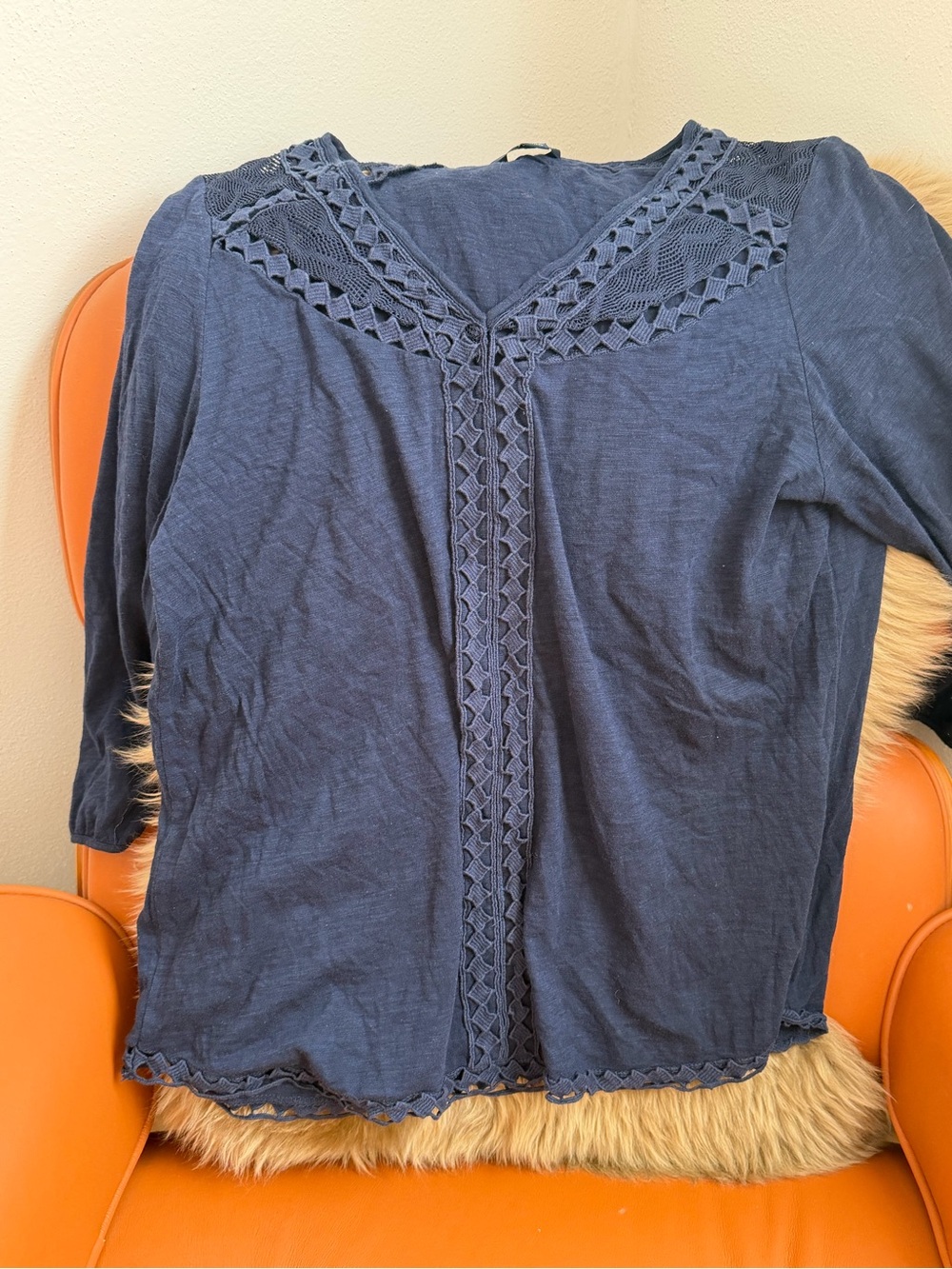 Lucky Brand Navy Crochet-Trim V-Neck Top